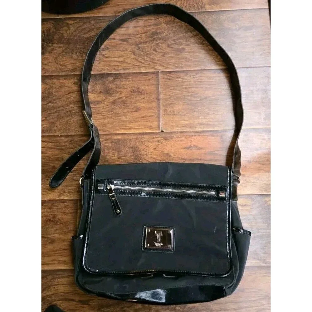 Tignanello Messenger Shoulder Bag Black Yellow Interior Laptop Computer Purse